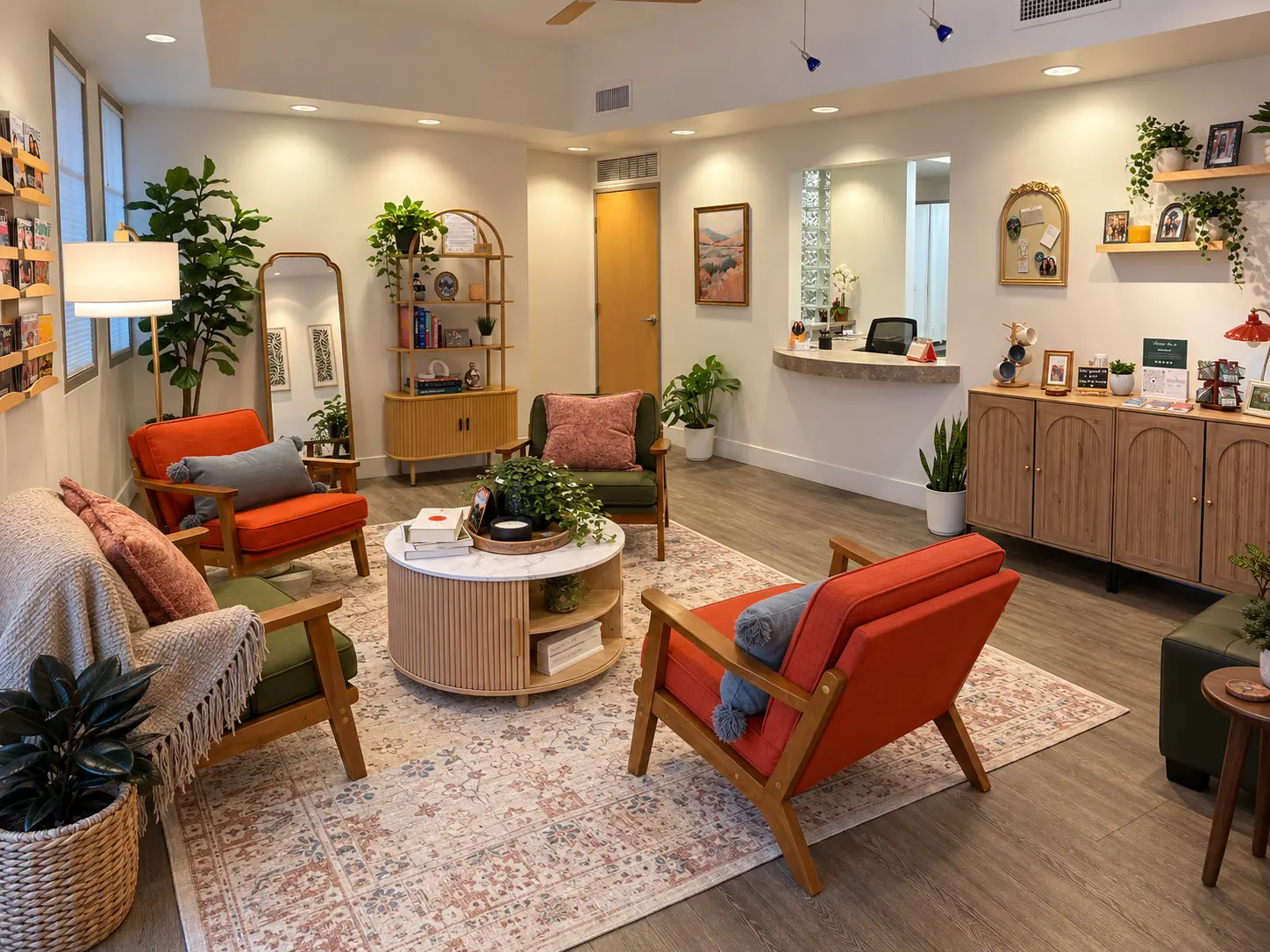 A wide view of the welcoming Abundance reception and waiting area